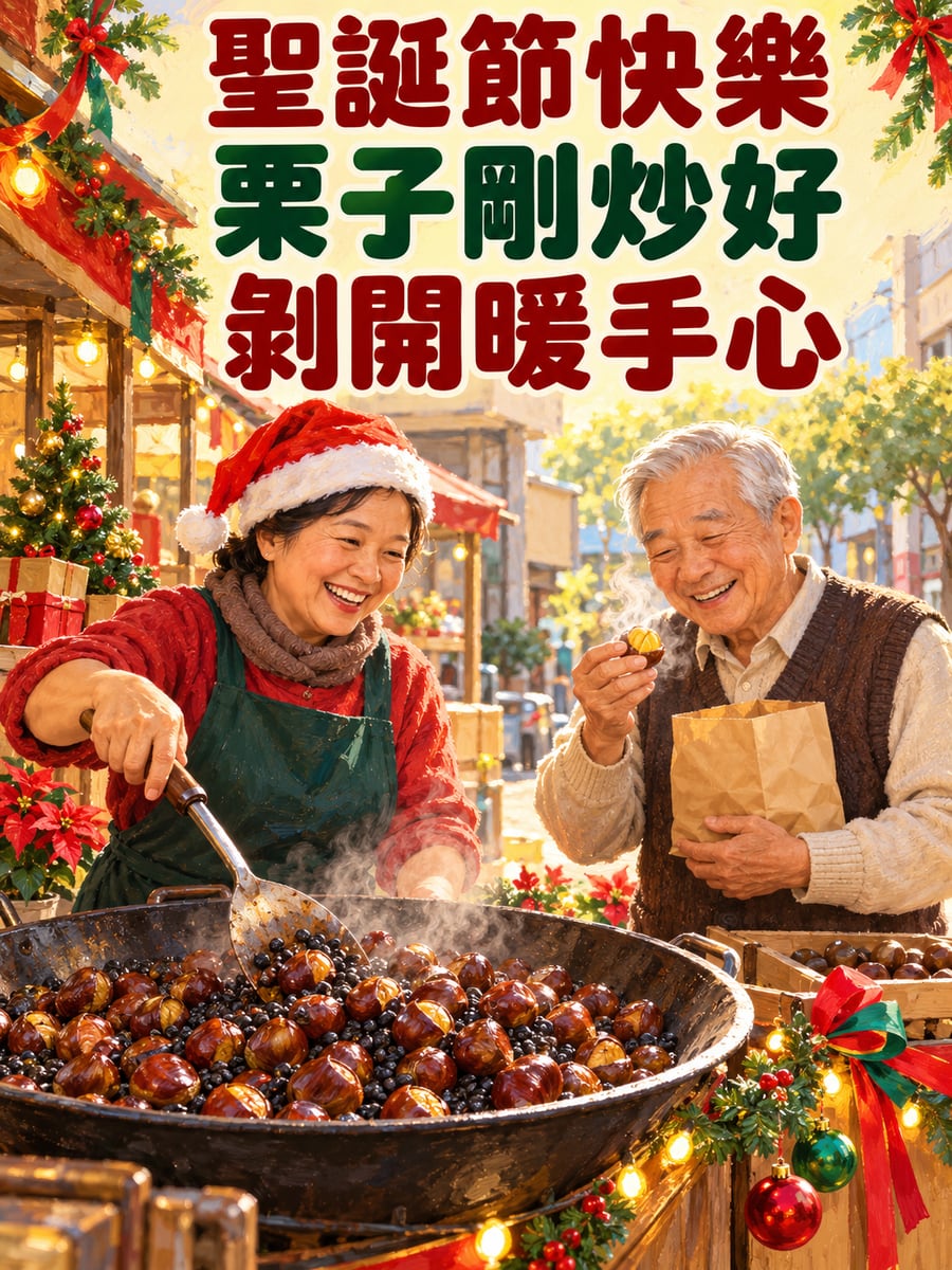 糖炒栗子香噴噴。圖中文字：聖誕節快樂，栗子剛炒好，剝開暖手心