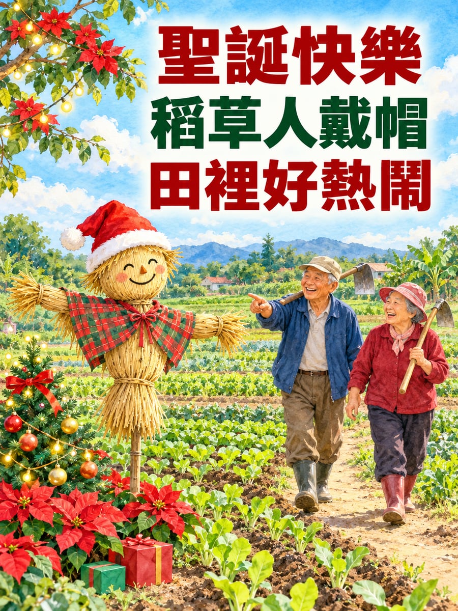 稻草人戴聖誕帽。圖中文字：聖誕快樂，稻草人戴帽，田裡好熱鬧