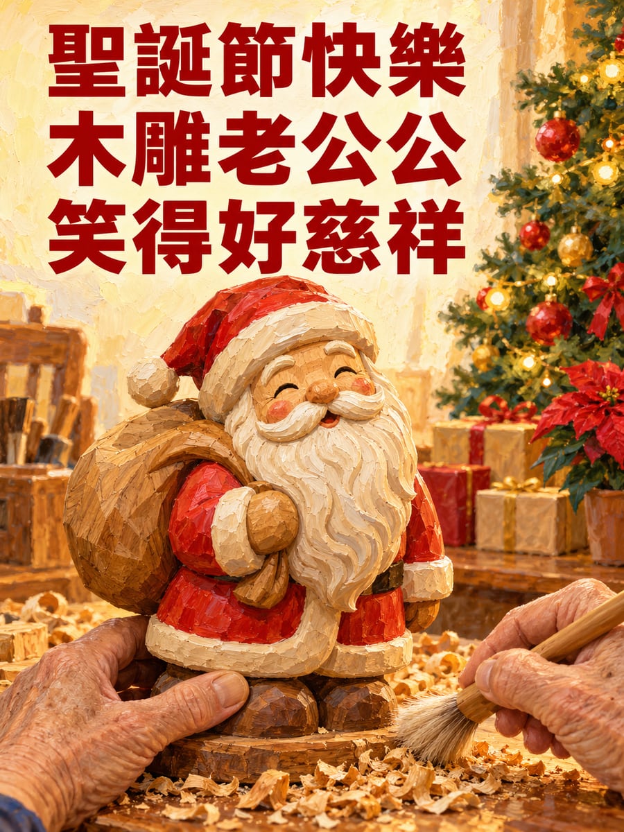 樟木雕的聖誕老公公。圖中文字：聖誕節快樂，木雕老公公，笑得好慈祥