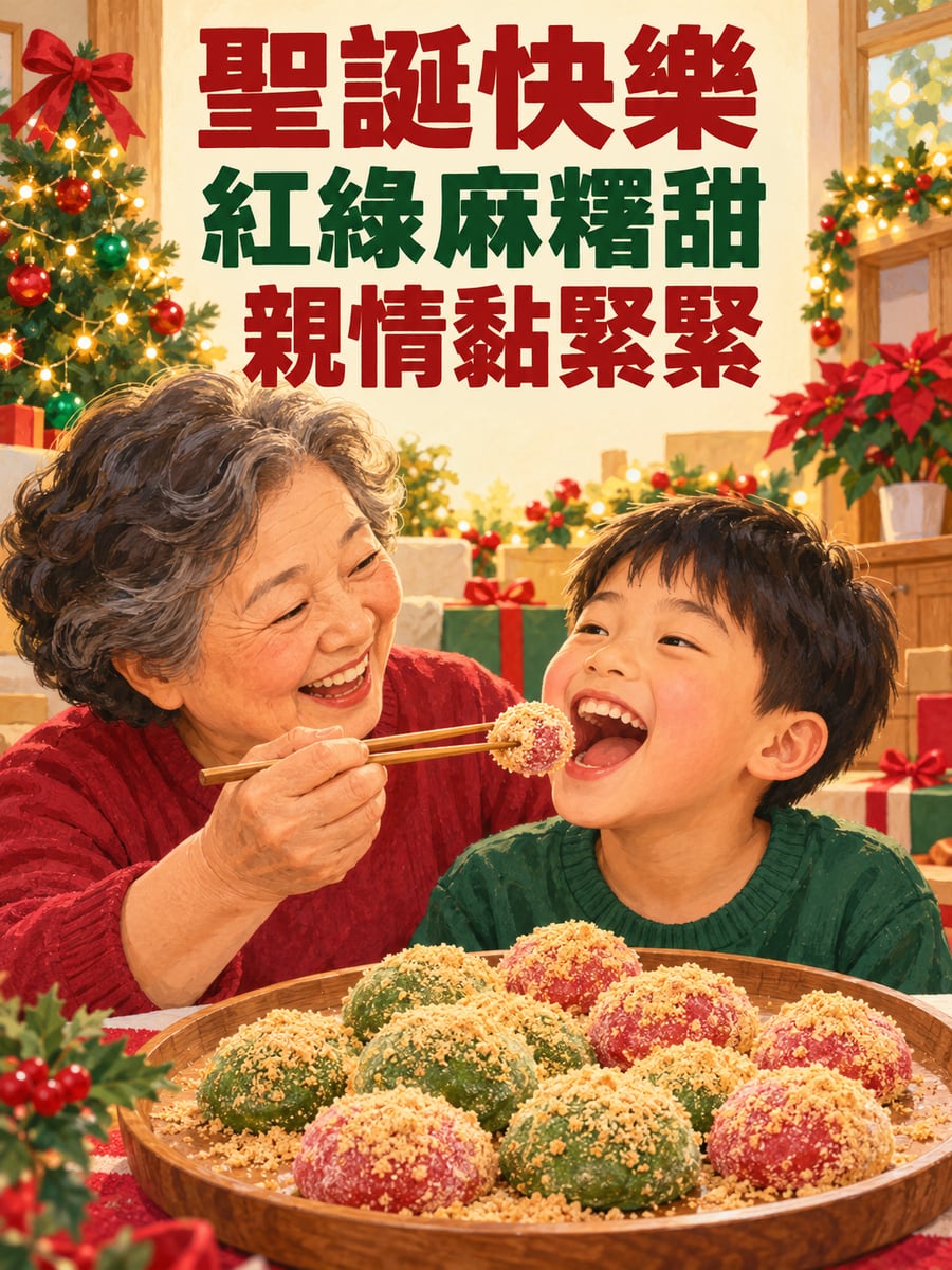 紅綠麻糬。圖中文字：聖誕快樂，紅綠麻糬甜，親情黏緊緊