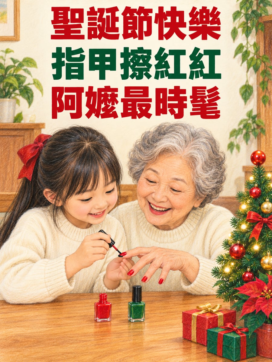 孫女幫阿嬤擦指甲油。圖中文字：聖誕節快樂，指甲擦紅紅，阿嬤最時髦