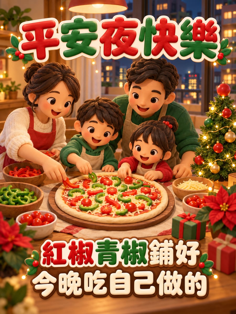 全家動手做披薩。圖中文字：平安夜快樂，紅椒青椒鋪好，今晚吃自己做的