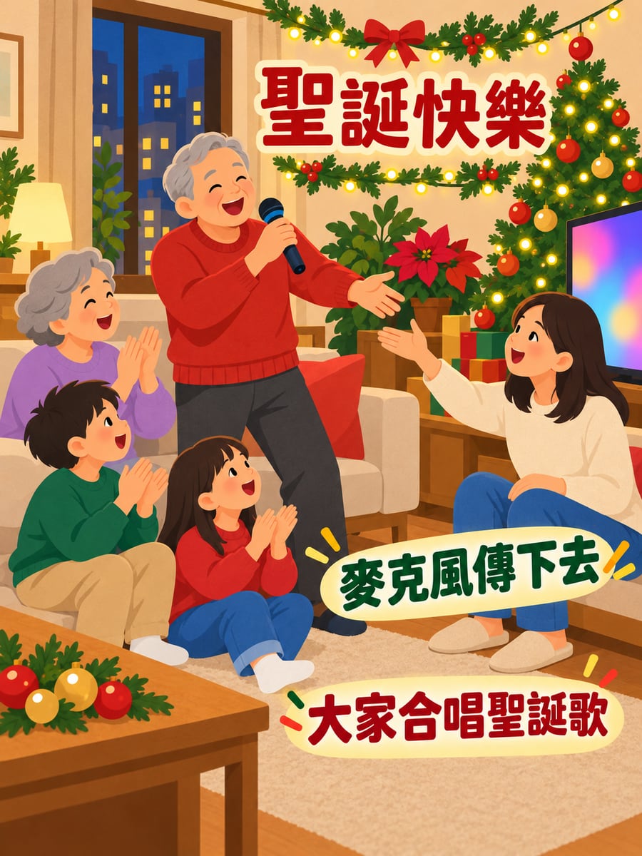 全家搶麥克風唱聖誕歌。圖中文字：聖誕快樂，麥克風傳下去，大家合唱聖誕歌