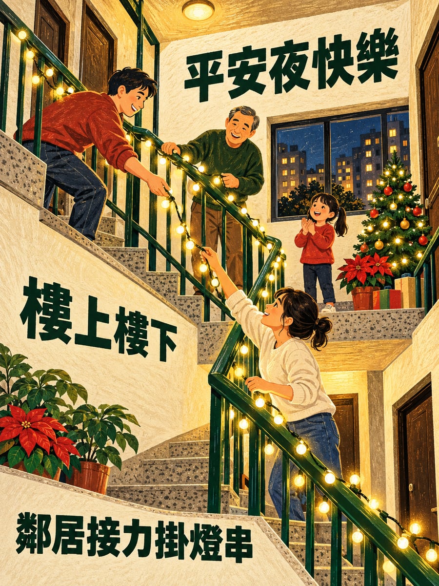 樓梯間的接力燈串。圖中文字：平安夜快樂，樓上樓下，鄰居接力掛燈串