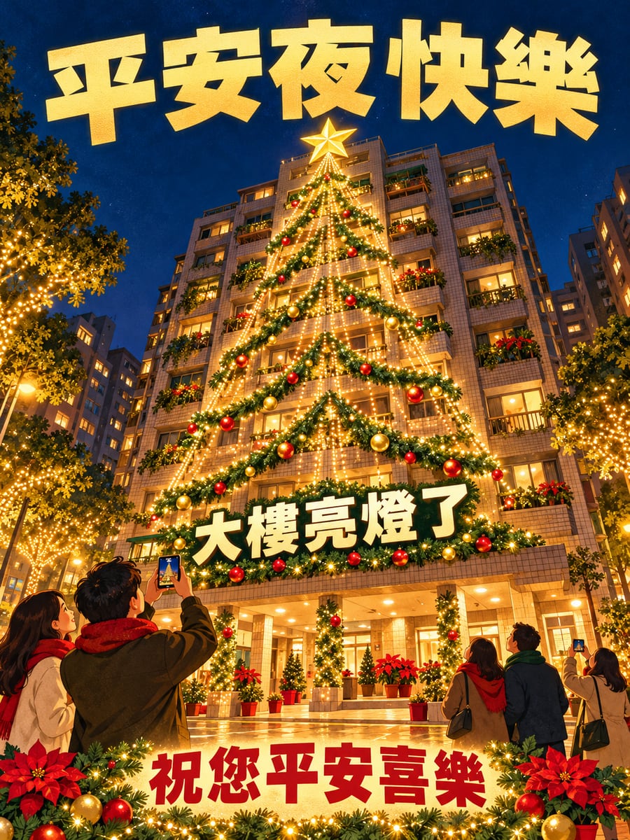 大樓外牆的燈串聖誕樹。圖中文字：平安夜快樂，大樓亮燈了，祝您平安喜樂