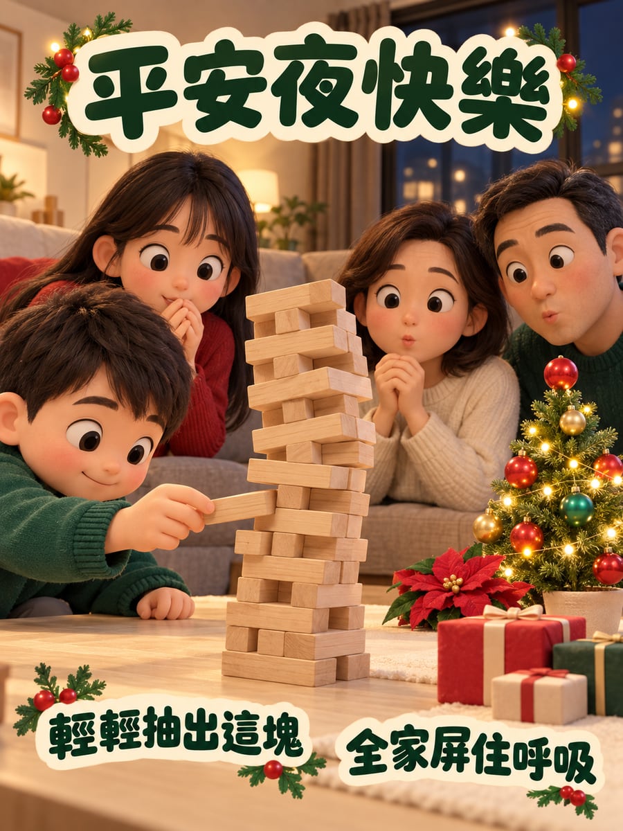 疊疊樂搖搖晃晃。圖中文字：平安夜快樂，輕輕抽出這塊，全家屏住呼吸