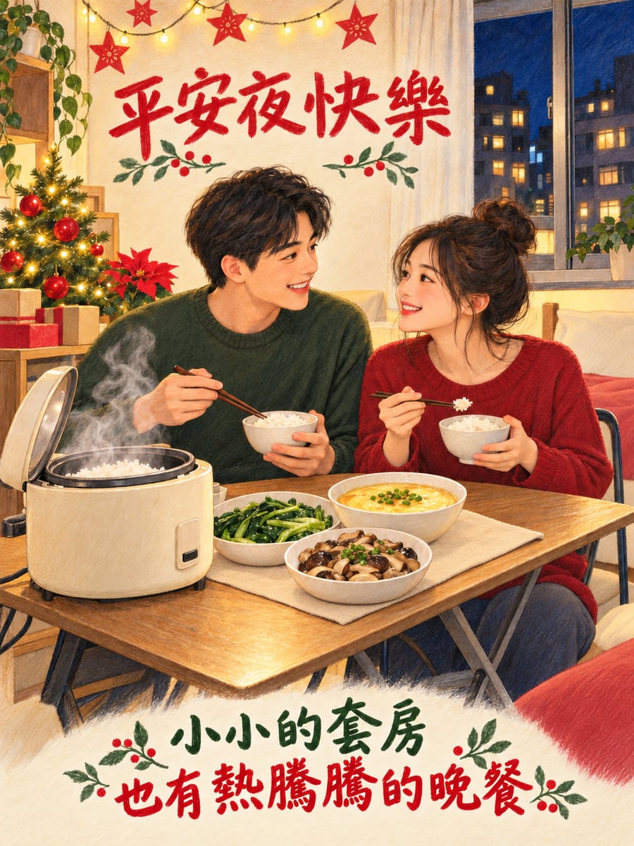 小套房的電鍋晚餐。圖中文字：平安夜快樂，小小的套房，也有熱騰騰的晚餐