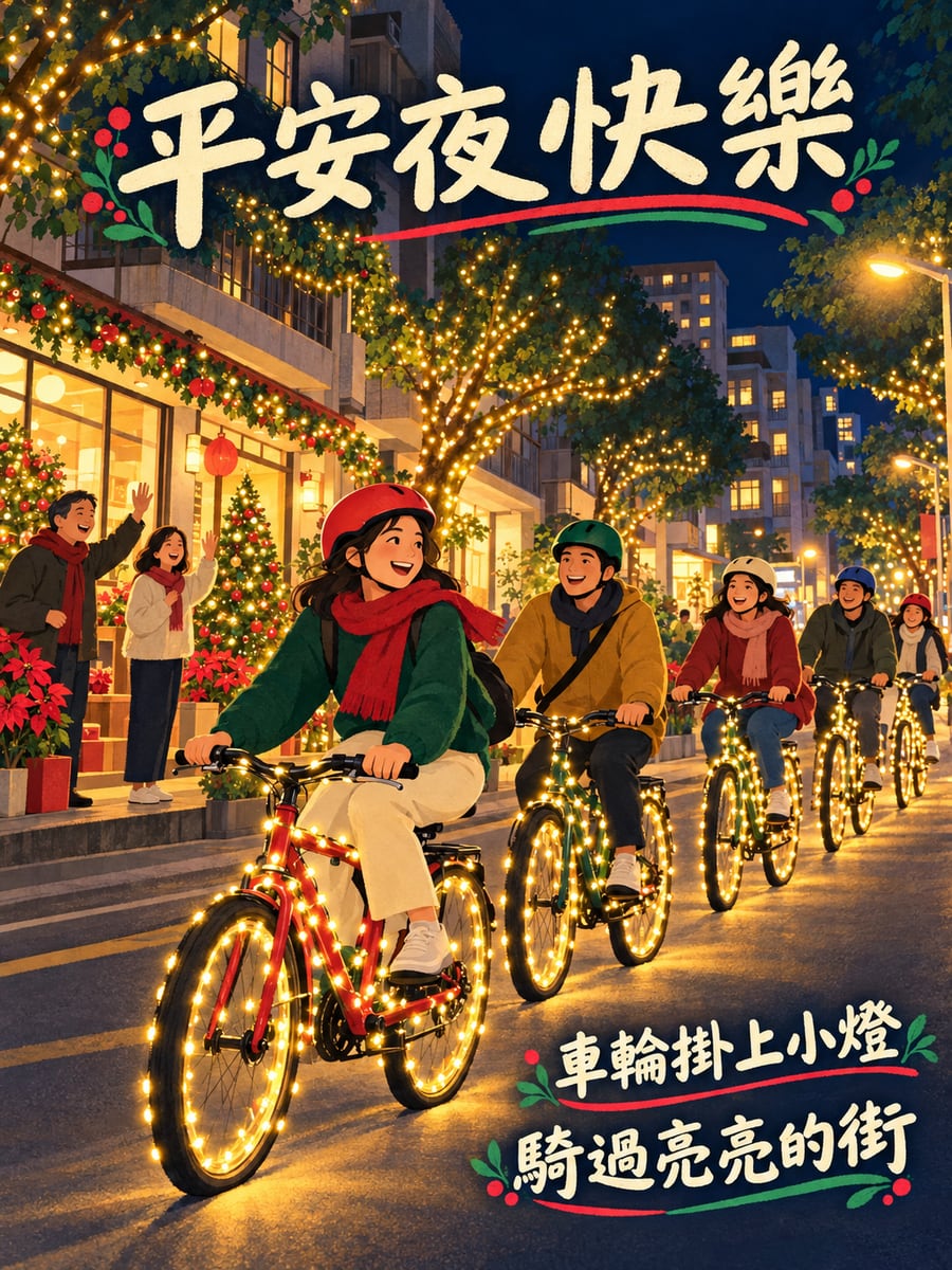 單車隊掛燈夜騎。圖中文字：平安夜快樂，車輪掛上小燈，騎過亮亮的街