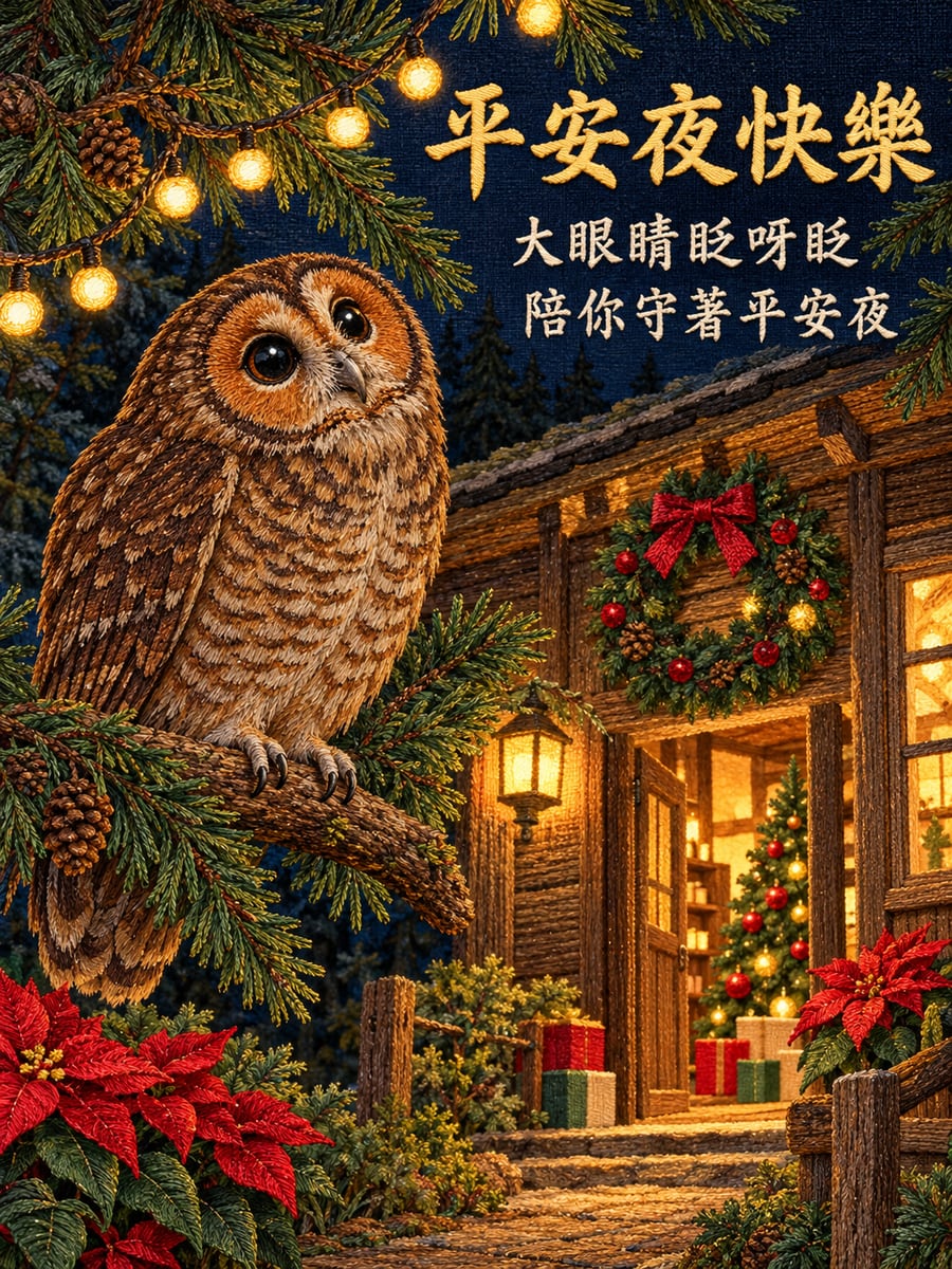 小貓頭鷹來看燈串。圖中文字：平安夜快樂，大眼睛眨呀眨，陪你守著平安夜