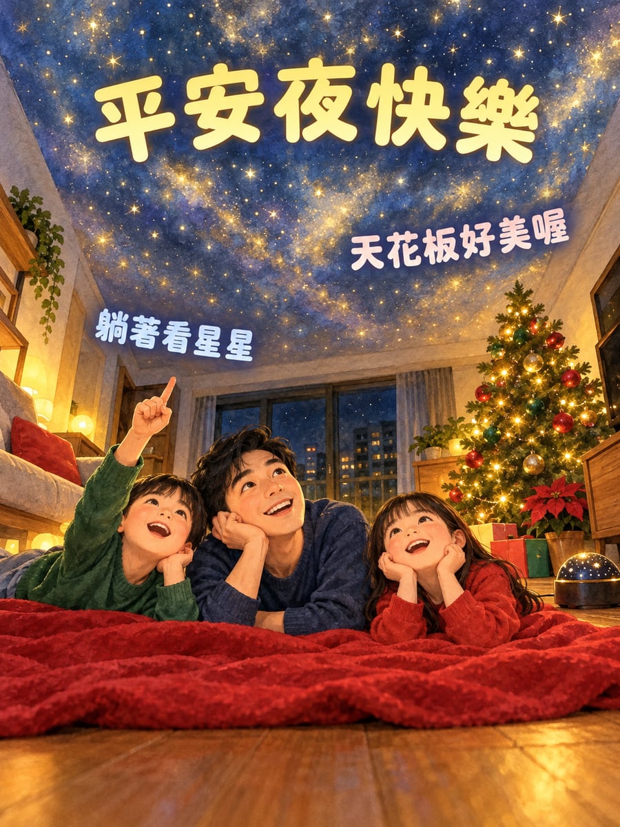 天花板上的星空投影。圖中文字：平安夜快樂，躺著看星星，天花板好美喔