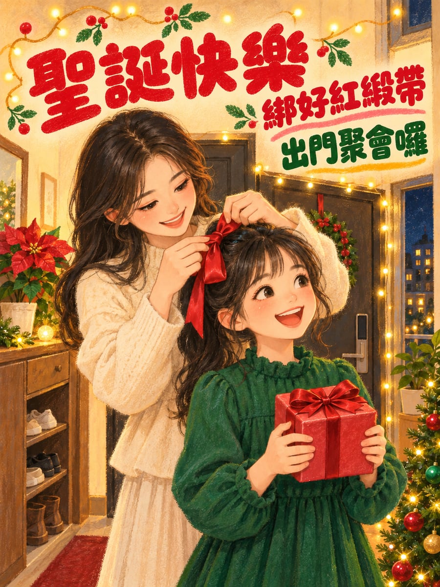 出門前綁上紅緞帶。圖中文字：聖誕快樂，綁好紅緞帶，出門聚會囉