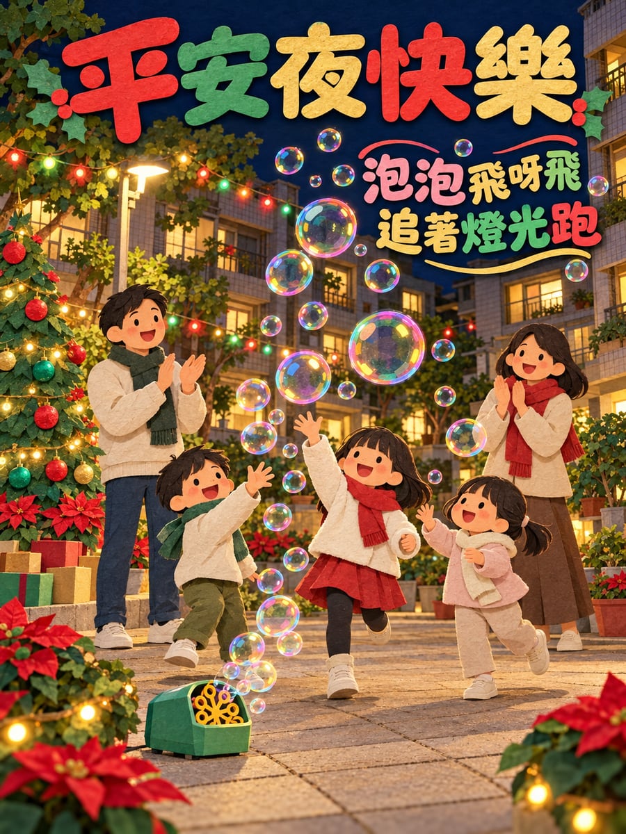 泡泡機吹出彩色泡泡。圖中文字：平安夜快樂，泡泡飛呀飛，追著燈光跑