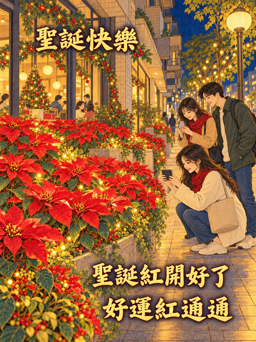 路燈下的聖誕紅花台。圖中文字：聖誕快樂，聖誕紅開好了，好運紅通通