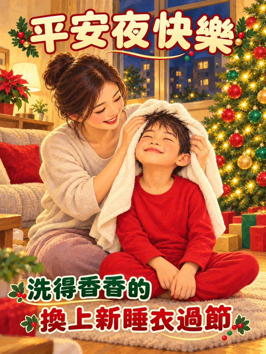洗完澡擦乾頭髮。圖中文字：平安夜快樂，洗得香香的，換上新睡衣過節