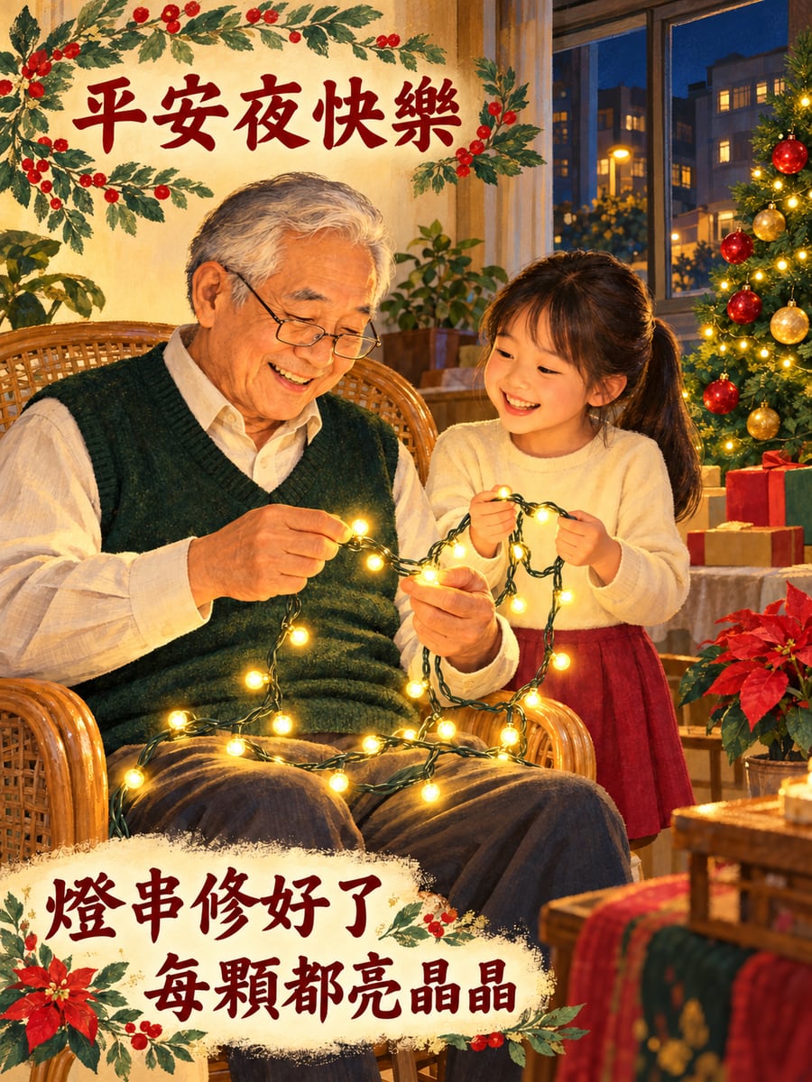 阿公檢查燈串。圖中文字：平安夜快樂，燈串修好了，每顆都亮晶晶