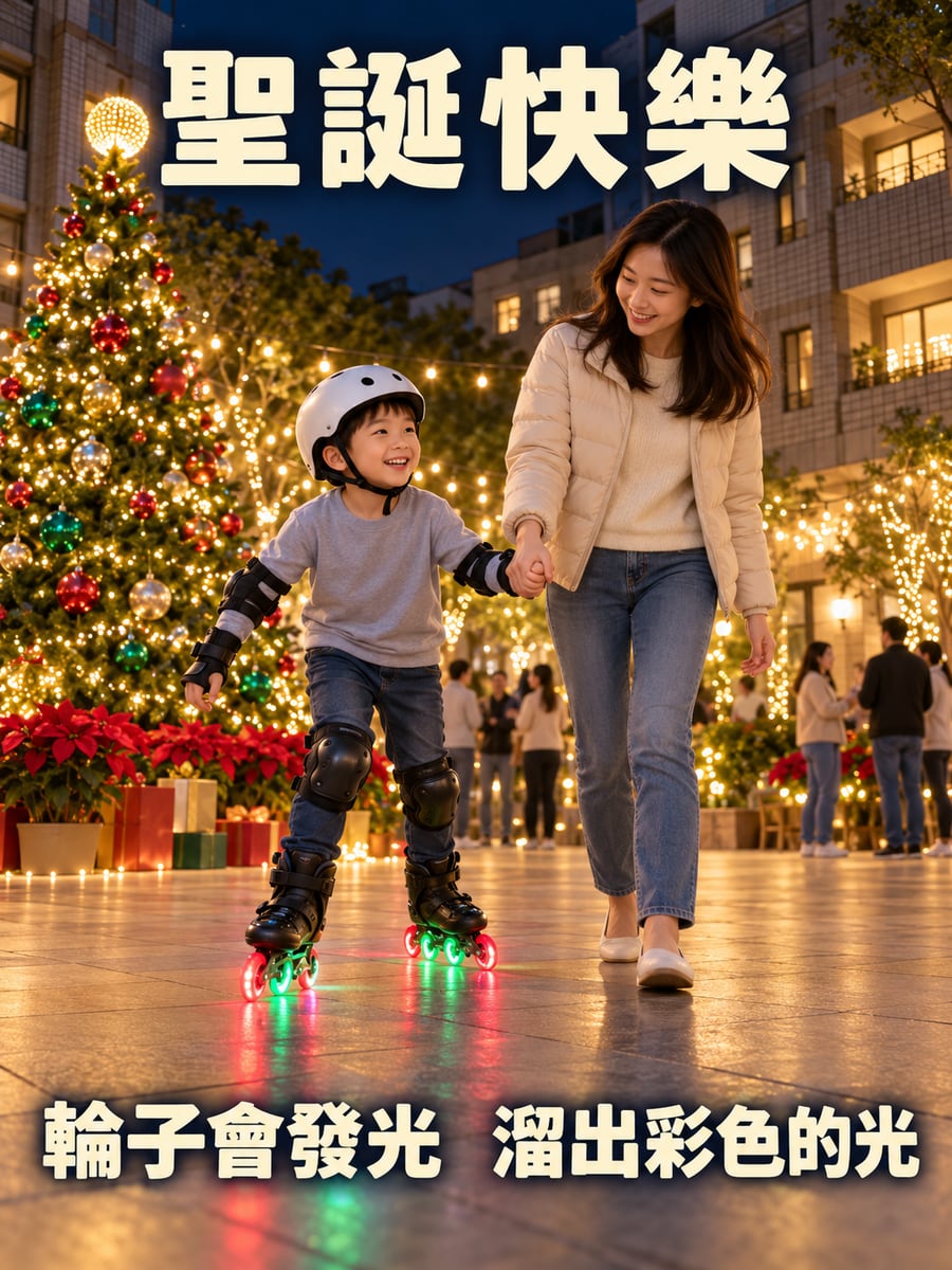 發光輪子的直排輪。圖中文字：聖誕快樂，輪子會發光，溜出彩色的光