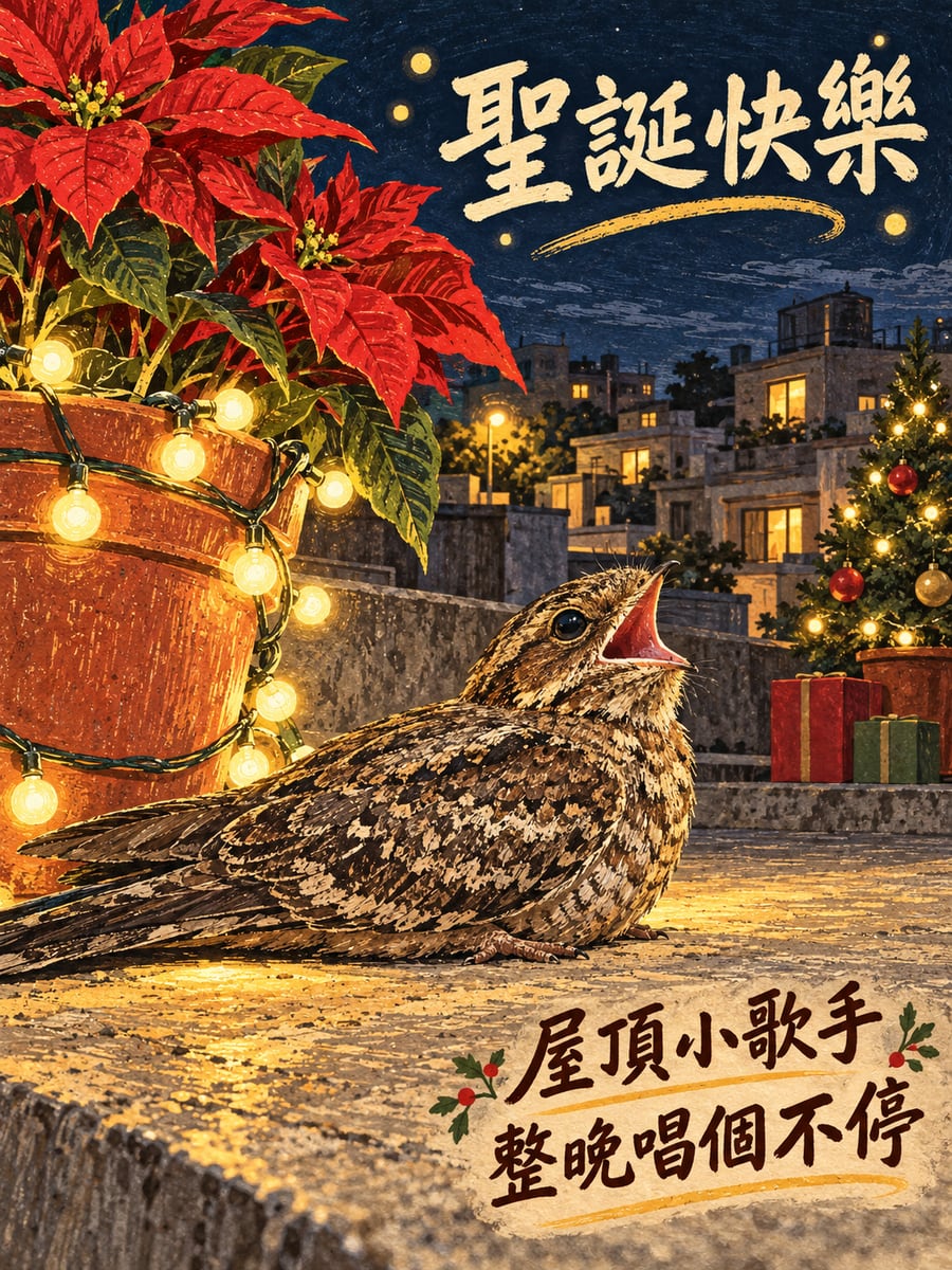 夜鷹在頂樓唱歌。圖中文字：聖誕快樂，屋頂小歌手，整晚唱個不停
