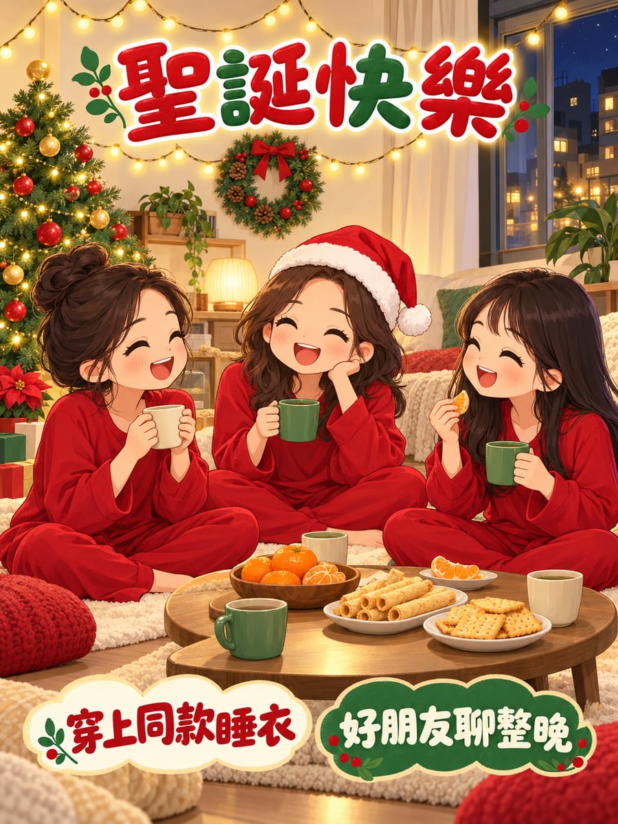 閨蜜睡衣派對。圖中文字：聖誕快樂，穿上同款睡衣，好朋友聊整晚