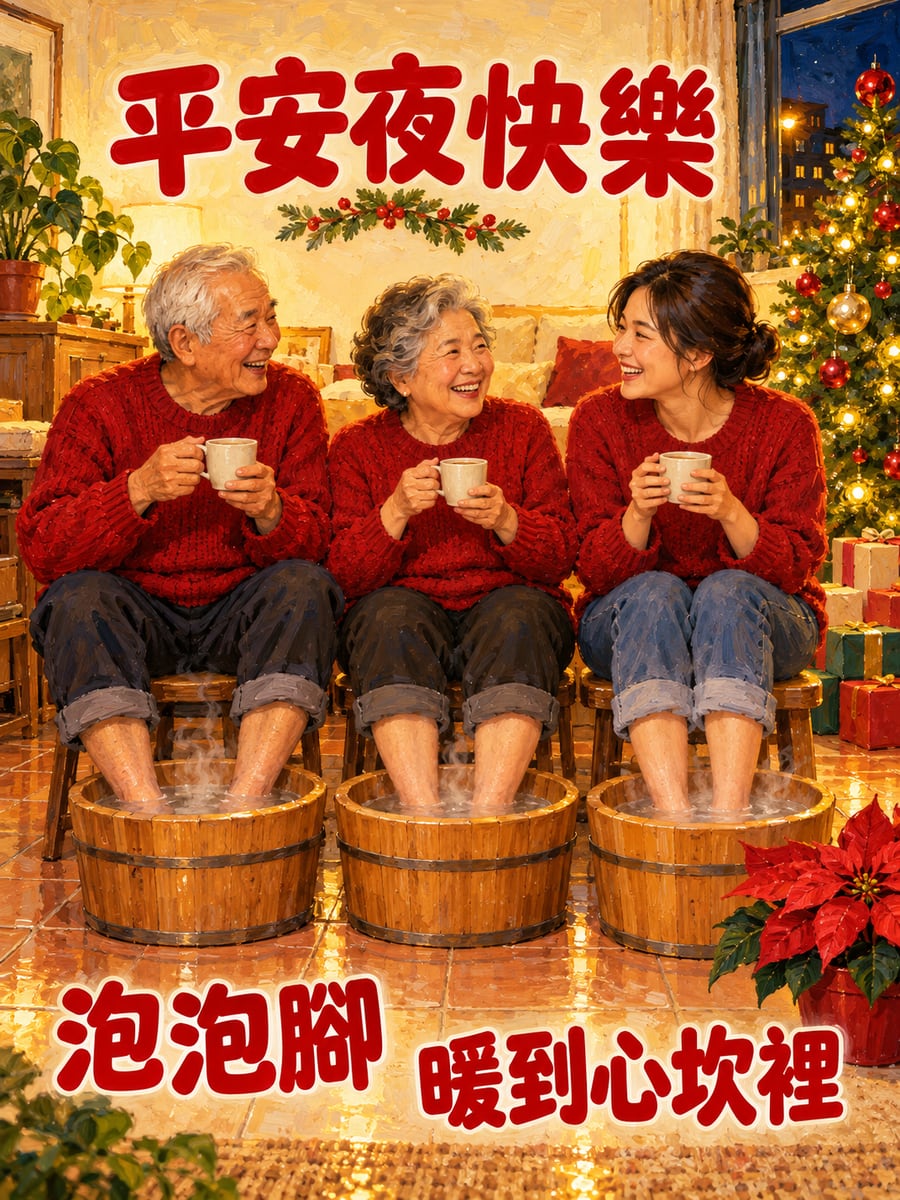 泡腳過平安夜。圖中文字：平安夜快樂，泡泡腳，暖到心坎裡