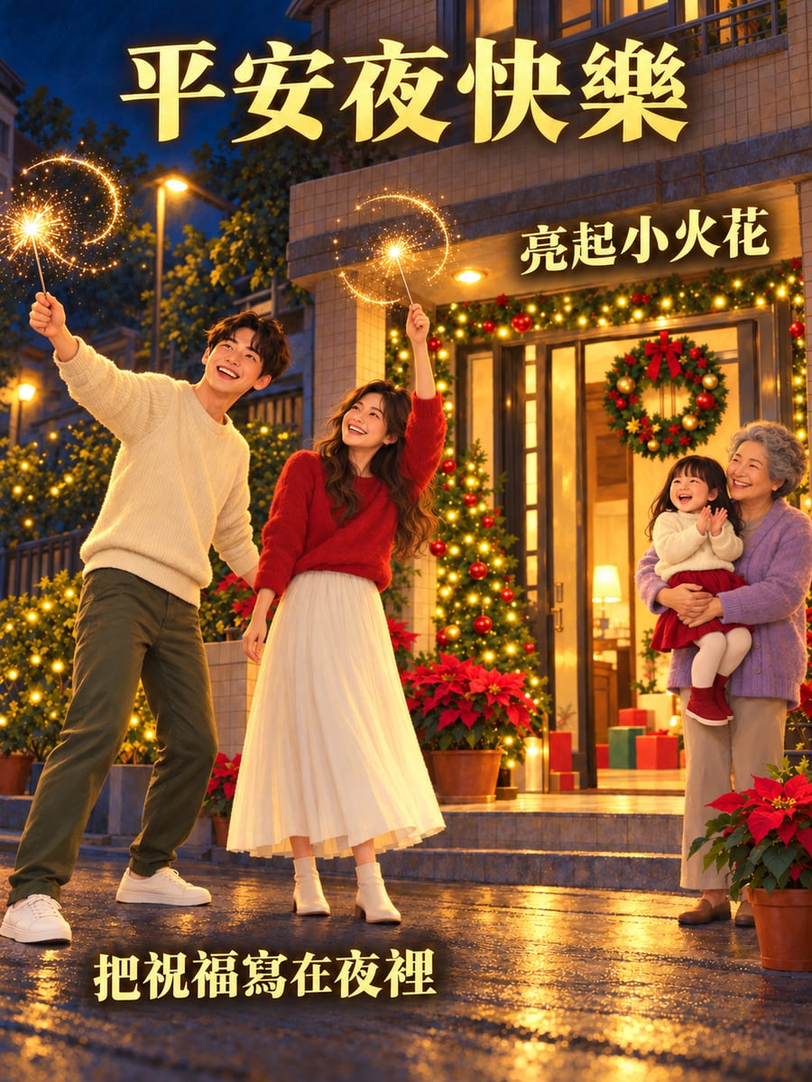 家門口點仙女棒。圖中文字：平安夜快樂，亮起小火花，把祝福寫在夜裡