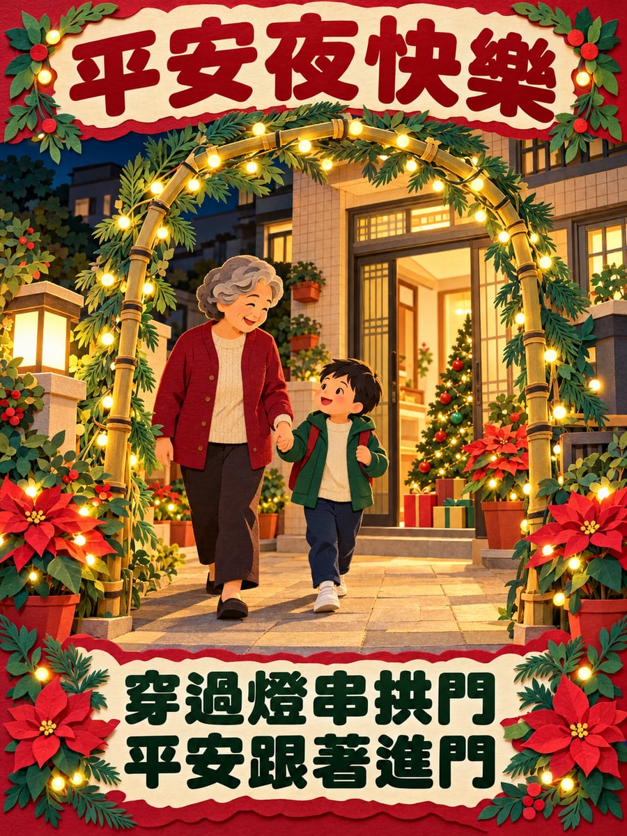 家門口的燈串拱門。圖中文字：平安夜快樂，穿過燈串拱門，平安跟著進門