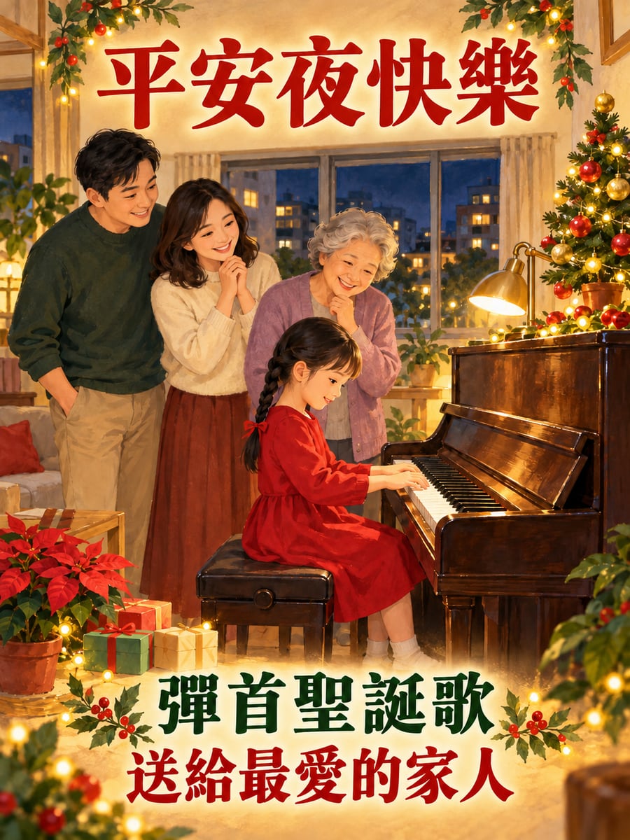 彈鋼琴給家人聽。圖中文字：平安夜快樂，彈首聖誕歌，送給最愛的家人
