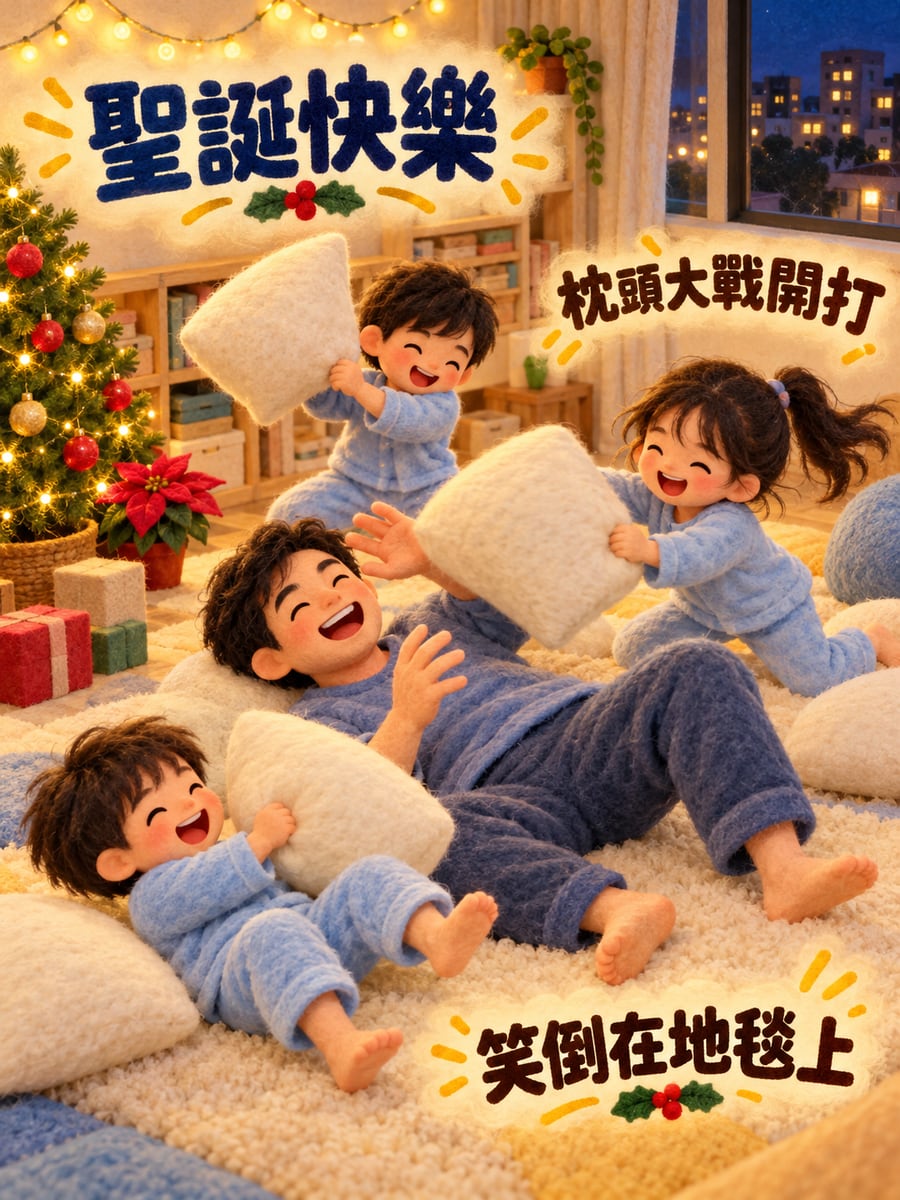 睡前枕頭大戰。圖中文字：聖誕快樂，枕頭大戰開打，笑倒在地毯上