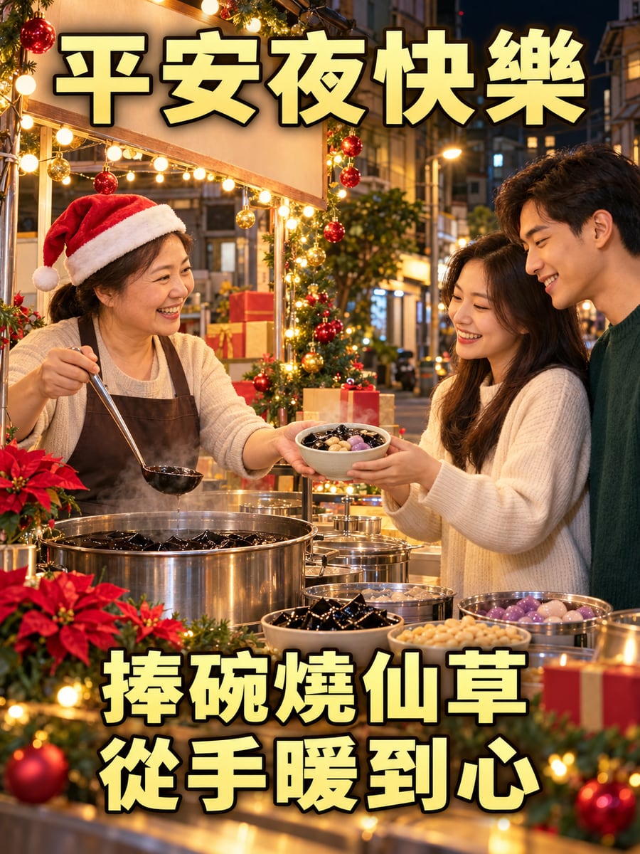 燒仙草攤冒熱氣。圖中文字：平安夜快樂，捧碗燒仙草，從手暖到心