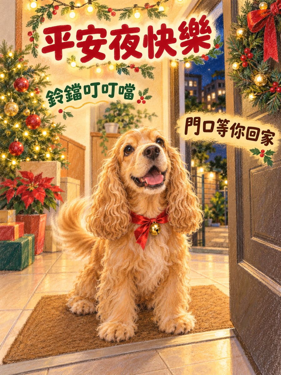可卡在玄關搖尾巴。圖中文字：平安夜快樂，鈴鐺叮叮噹，門口等你回家