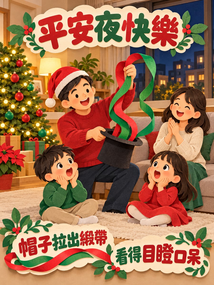爸爸的聖誕魔術。圖中文字：平安夜快樂，帽子拉出緞帶，看得目瞪口呆
