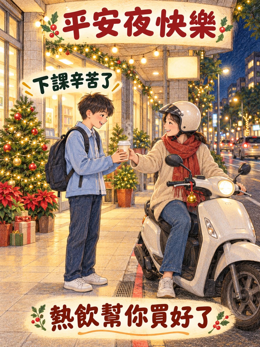 補習班下課有人等。圖中文字：平安夜快樂，下課辛苦了，熱飲幫你買好了