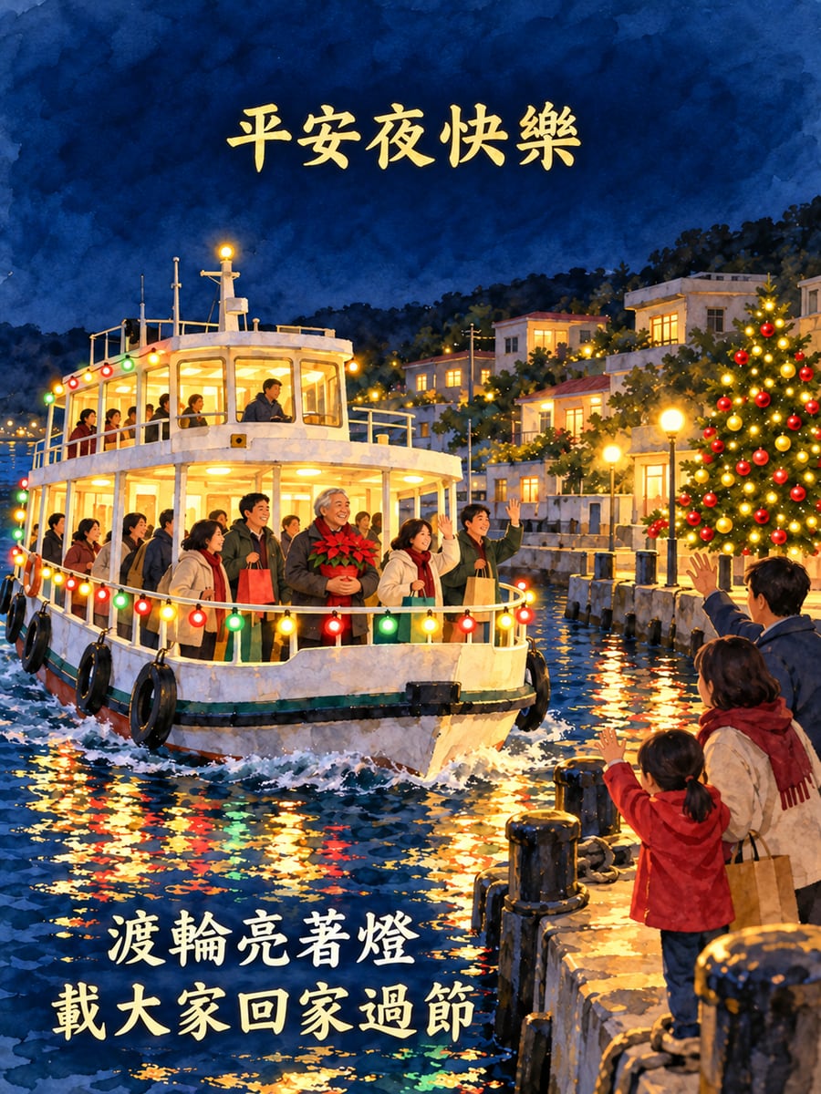 渡輪掛上燈串。圖中文字：平安夜快樂，渡輪亮著燈，載大家回家過節