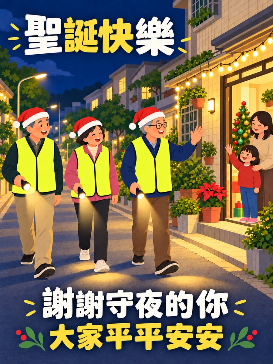 巡守隊戴上聖誕帽。圖中文字：聖誕快樂，謝謝守夜的你，大家平平安安