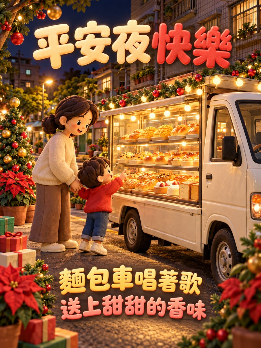 社區的麵包車來了。圖中文字：平安夜快樂，麵包車唱著歌，送上甜甜的香味