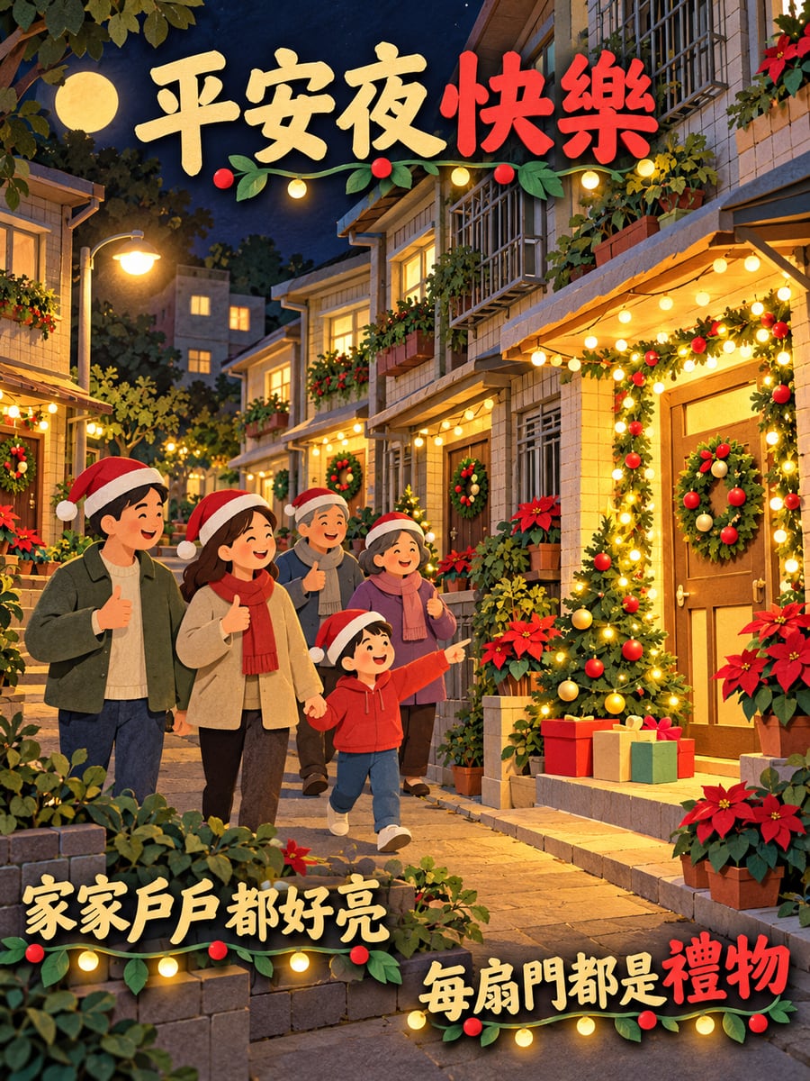 社區門口燈飾比賽。圖中文字：平安夜快樂，家家戶戶都好亮，每扇門都是禮物