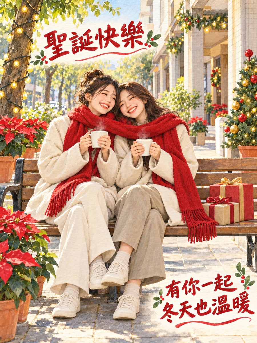 兩個人圍一條圍巾。圖中文字：聖誕快樂，有你一起，冬天也溫暖