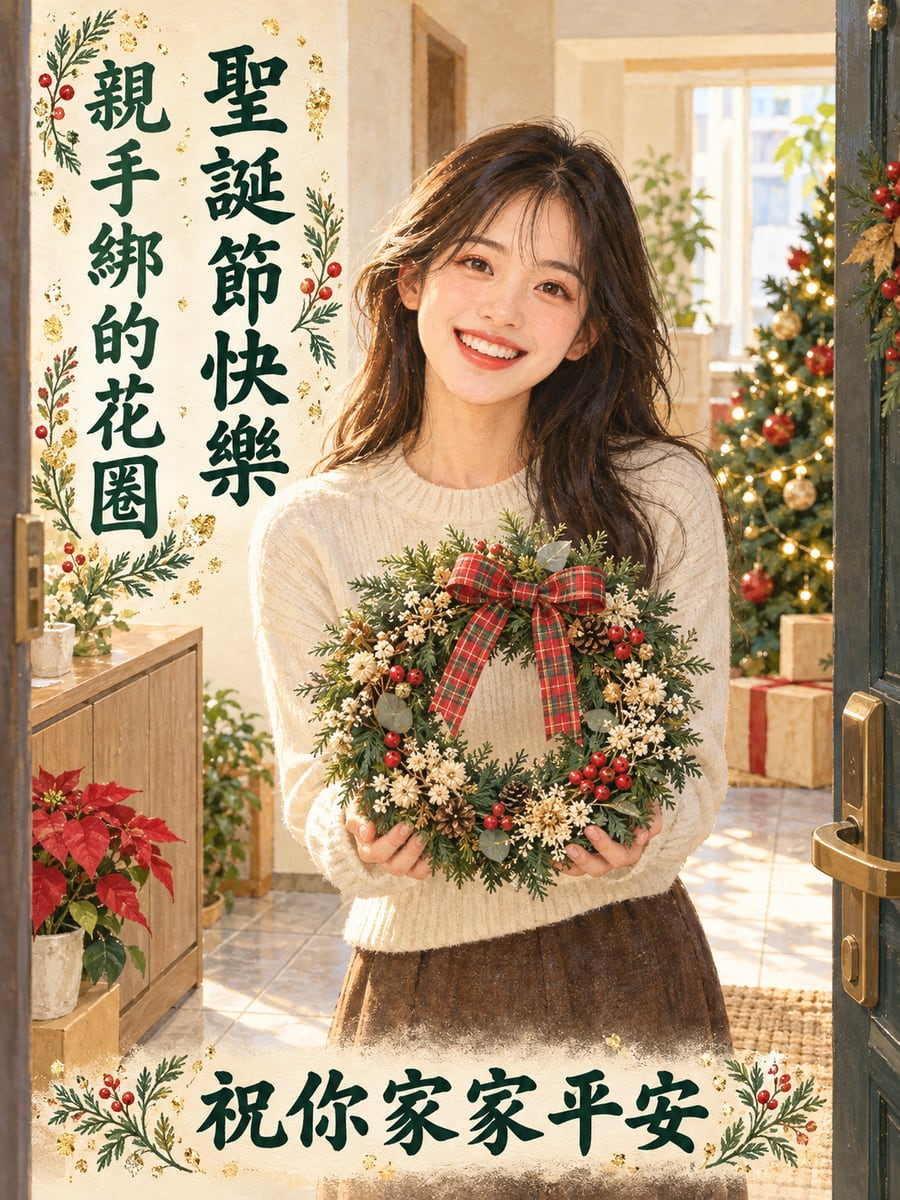 親手綁的花圈。圖中文字：聖誕節快樂，親手綁的花圈，祝你家家平安