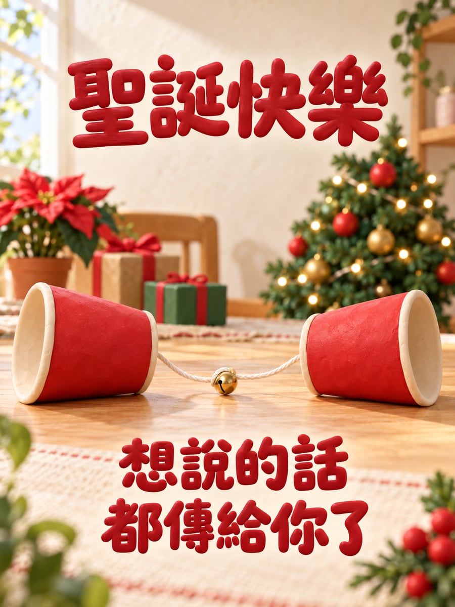 紙杯傳聲筒。圖中文字：聖誕快樂，想說的話，都傳給你了