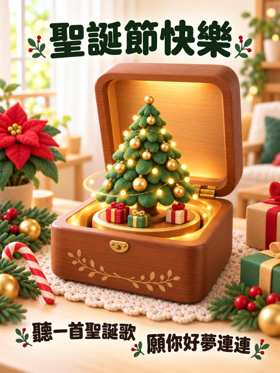 旋轉音樂盒。圖中文字：聖誕節快樂，聽一首聖誕歌，願你好夢連連