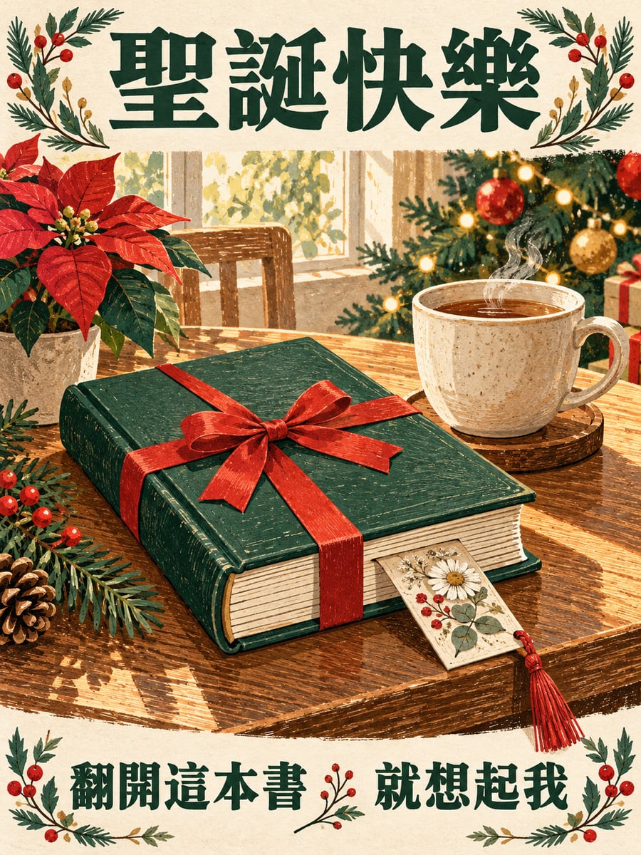 書裡夾著手作書籤。圖中文字：聖誕快樂，翻開這本書，就想起我
