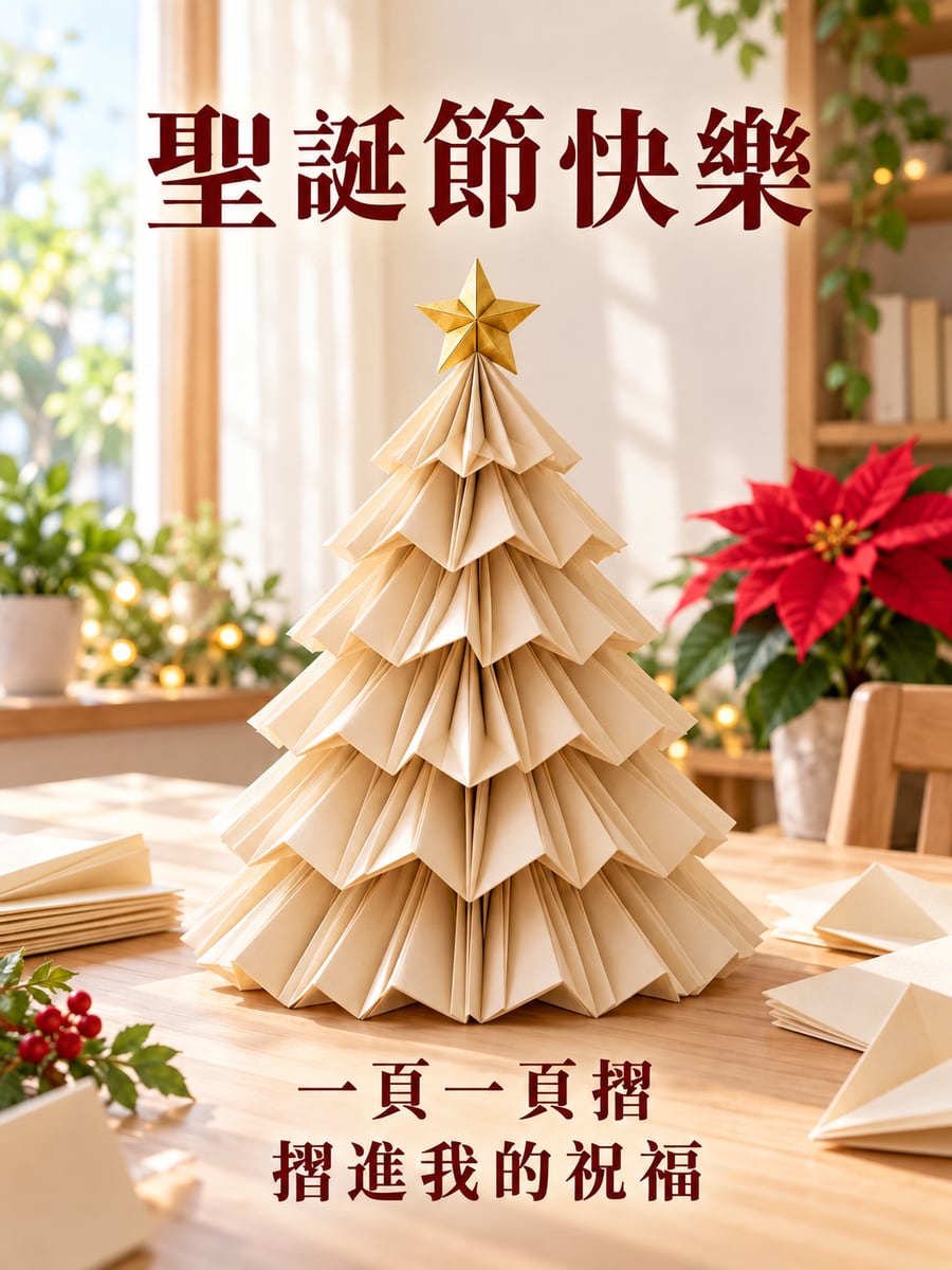 書頁摺的小聖誕樹。圖中文字：聖誕節快樂，一頁一頁摺，摺進我的祝福