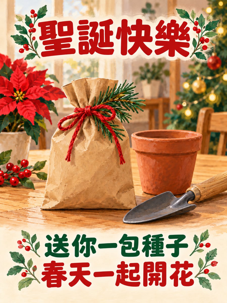 一包花種子。圖中文字：聖誕快樂，送你一包種子，春天一起開花
