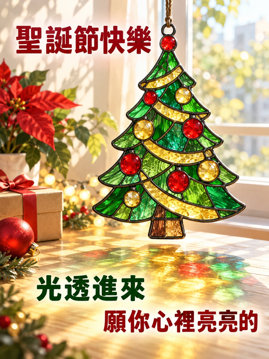 彩繪玻璃聖誕樹。圖中文字：聖誕節快樂，光透進來，願你心裡亮亮的
