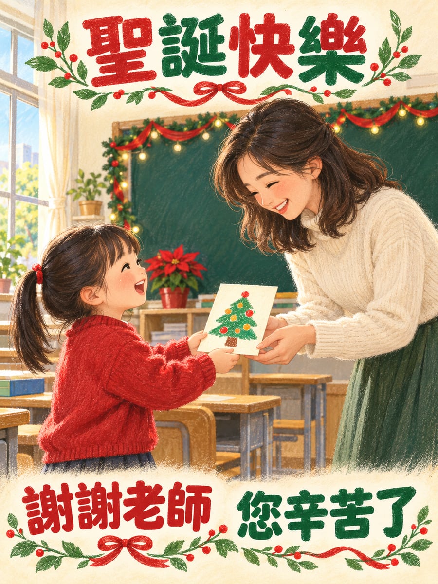 送給老師的卡片。圖中文字：聖誕快樂，謝謝老師，您辛苦了