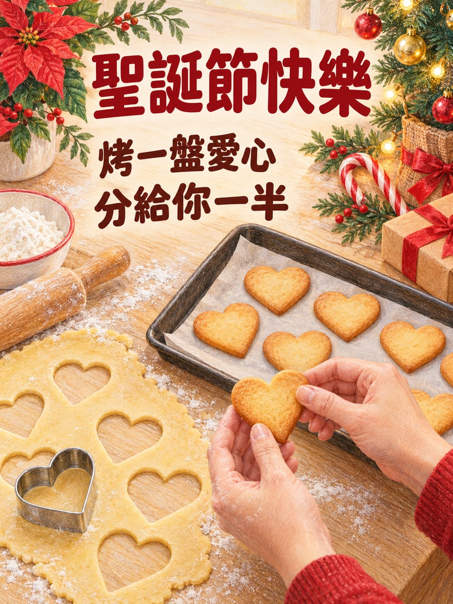 愛心餅乾模。圖中文字：聖誕節快樂，烤一盤愛心，分給你一半