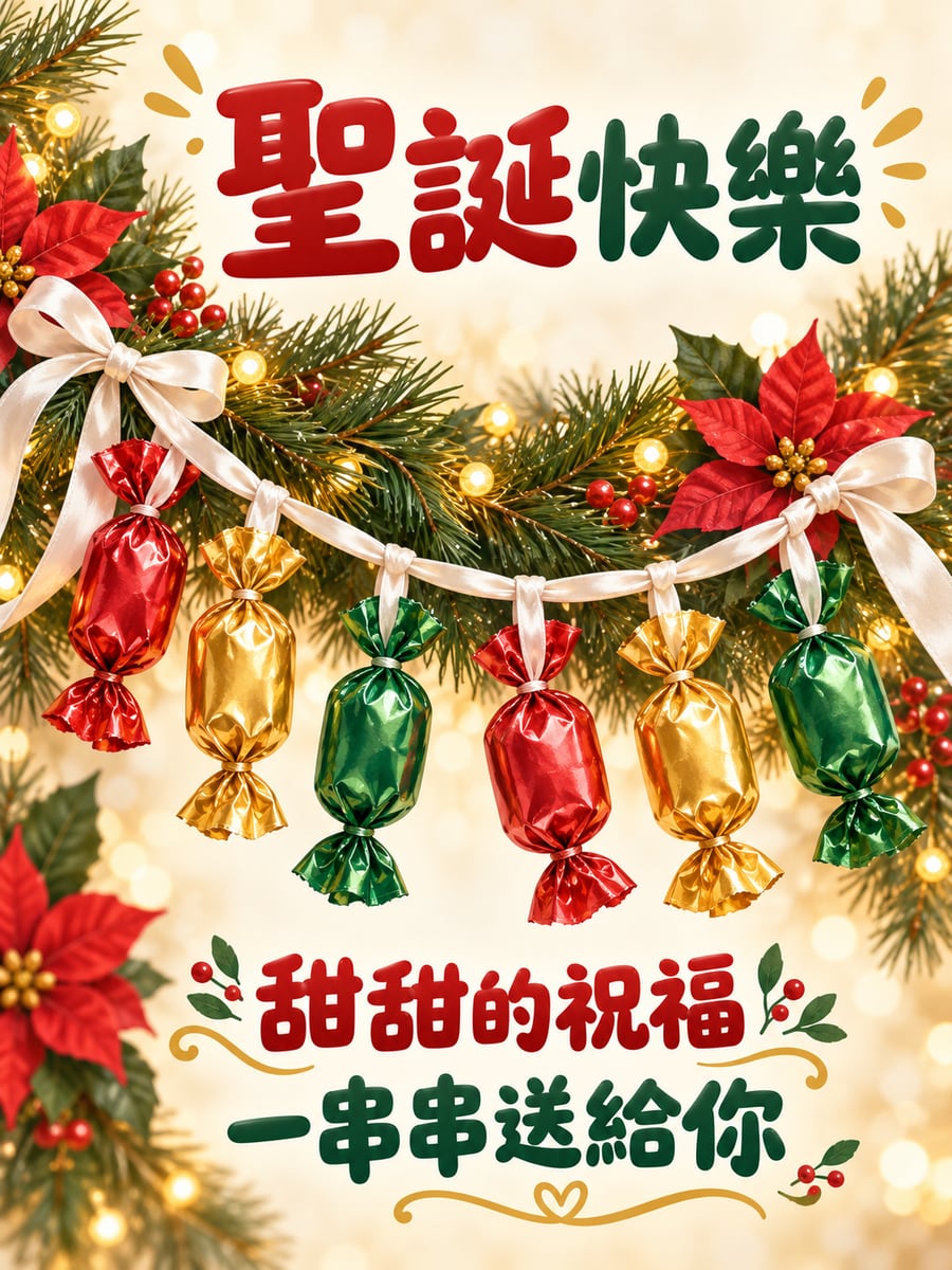 緞帶糖果串。圖中文字：聖誕快樂，甜甜的祝福，一串串送給你