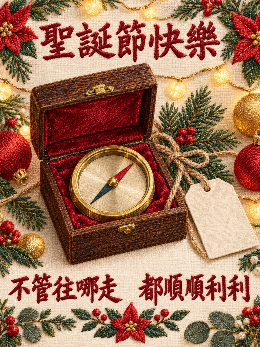 指南針禮物。圖中文字：聖誕節快樂，不管往哪走，都順順利利