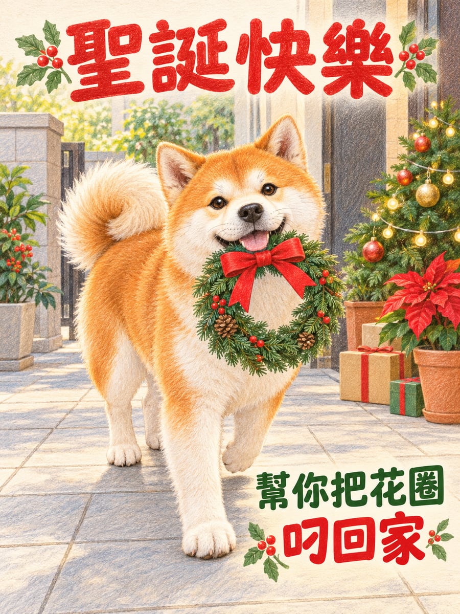 秋田犬叼花圈。圖中文字：聖誕快樂，幫你把花圈，叼回家