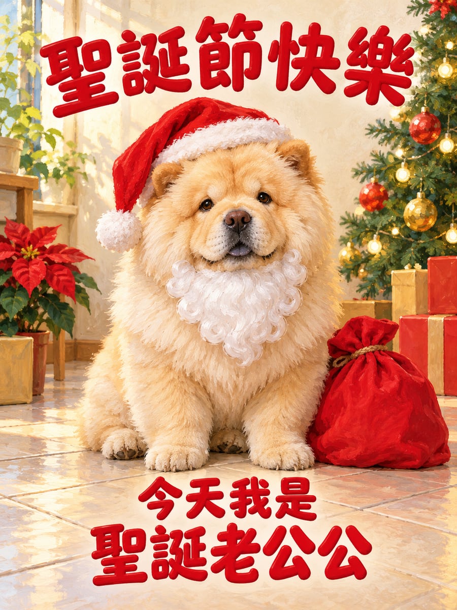 鬆獅犬的白鬍子。圖中文字：聖誕節快樂，今天我是，聖誕老公公