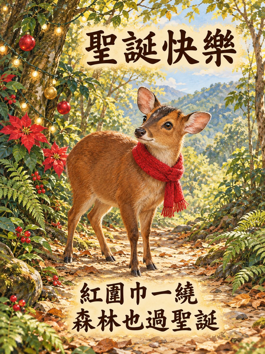 山羌圍紅圍巾。圖中文字：聖誕快樂，紅圍巾一繞，森林也過聖誕